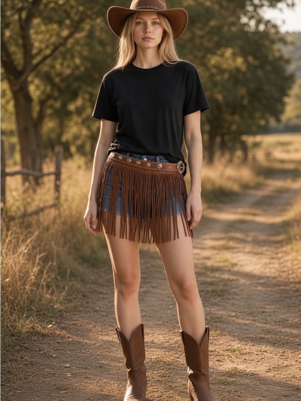 Fringed Brown Leather Skirt - Belt with brass buckle and accents